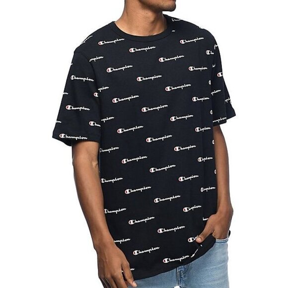 Champion Blue Cotton Allover Script Heritage Crew Neck Short Sleeve Tee M - Picture 1 of 8